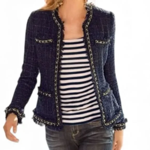 Boston Proper Women's Parisian Tweed Shimmer Chain Fringe Jacket Navy Gold Sz 12 - Picture 1 of 9